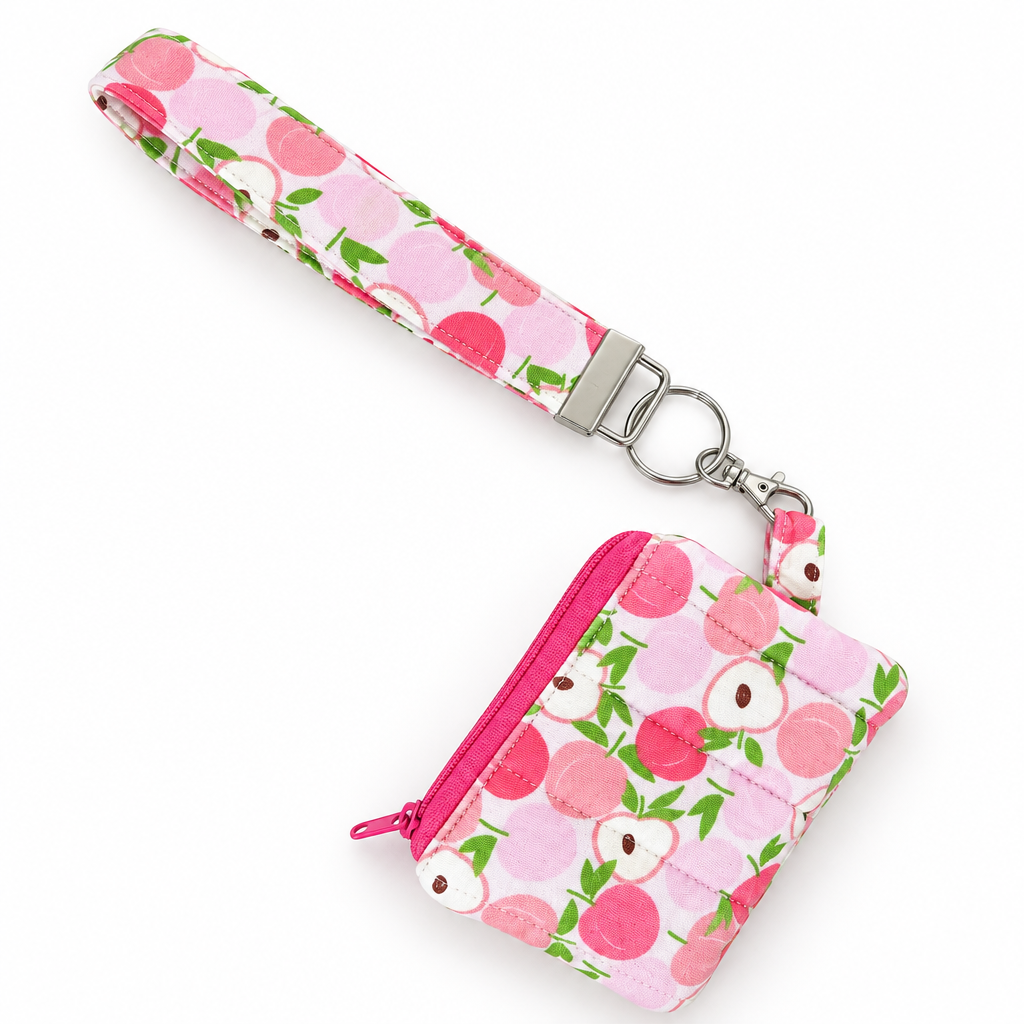 Peach print quilted wristlet keychain set with coin purse